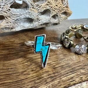 Faux turquoise lighting bolt silver tone ring